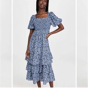 Blue floral tiered puff sleeve dress